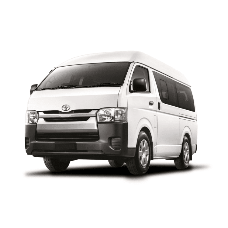 a white van, likely a toyota hiace, is stationary on a white background. it features a prominent front grille and windows along the side, highlighting its passenger-carrying capabilities.