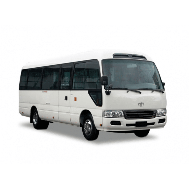 a white minibus stands on a plain white background. it features large windows, black side mirrors, and visible wipers on the windshield.