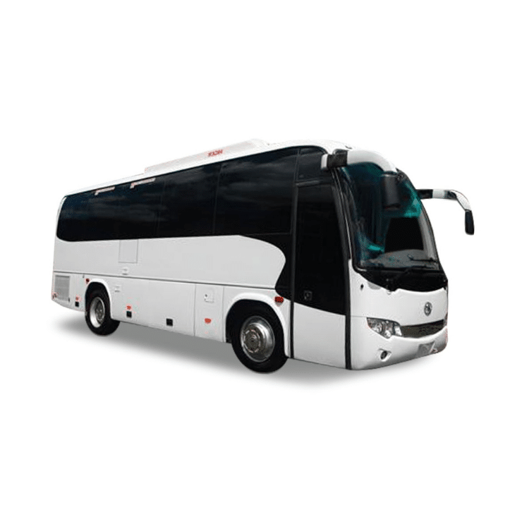a white and black bus is parked on a plain white background, with tinted windows and side mirrors, suggesting a modern, streamlined design suitable for travel or tours.