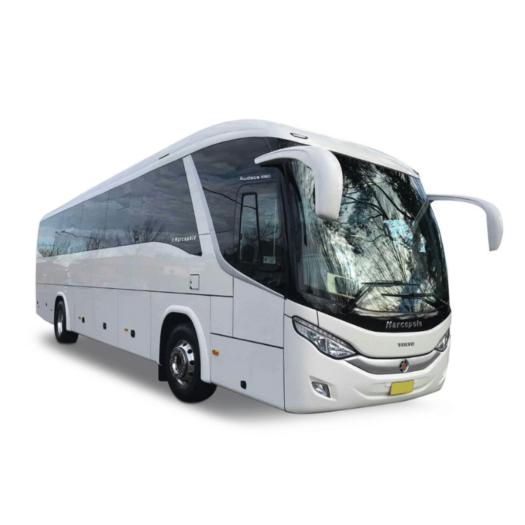 a white bus labeled "marcopolo volvo audace 1050" is parked in isolation against a plain backdrop. the bus is equipped with large side mirrors and multiple windows.