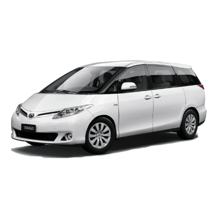 a white toyota tarago minivan stands still against a plain white background, featuring a sleek design with four doors and tinted windows.