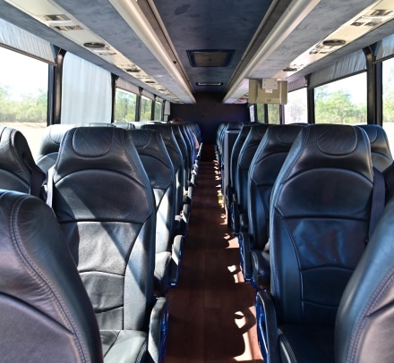 rows of empty, black leather seats are arranged neatly inside a bus. sunlight streams through large side windows, highlighting the clean, modern interior with dark wooden flooring.
