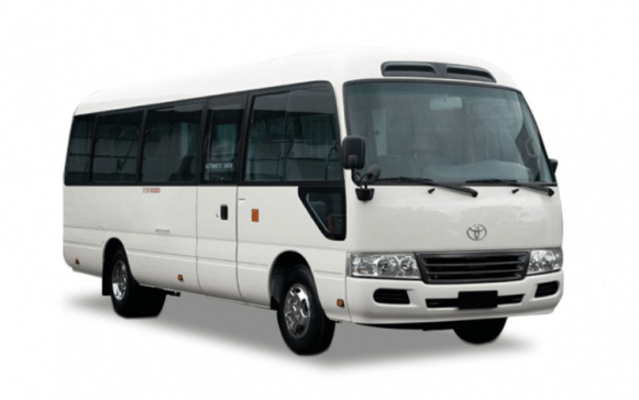 a white minibus stands on a plain white background. it features large windows, black side mirrors, and visible wipers on the windshield.