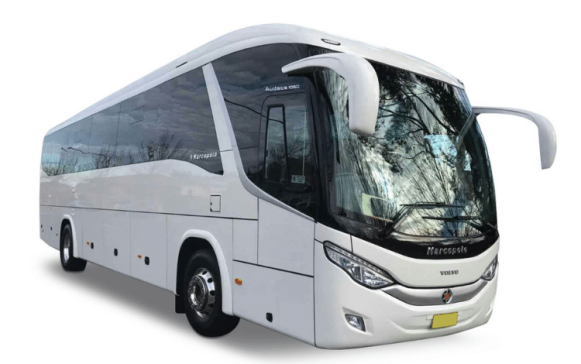 a white bus labeled "marcopolo volvo audace 1050" is parked in isolation against a plain backdrop. the bus is equipped with large side mirrors and multiple windows.